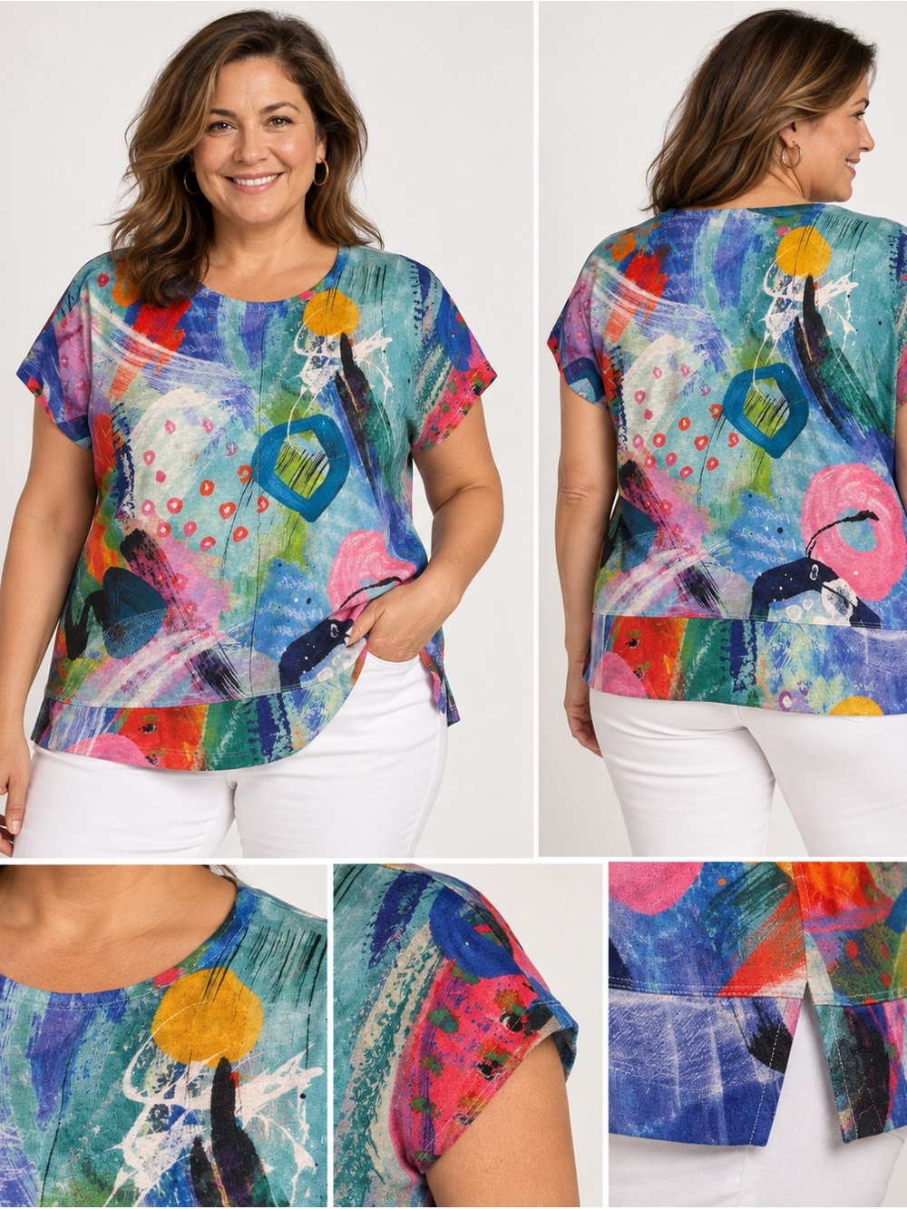 Multicolor Abstract Scoop-Neck Short Sleeve Top